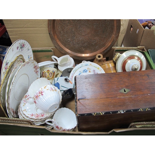 1114 - Mascot Sucrier, Minton and other ceramics, wooden ware, copper plaques, etc:- One Box.