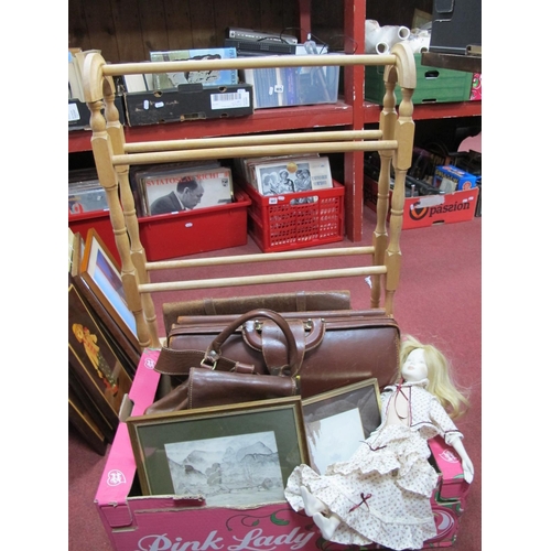 1121 - Leather Briefcase, satchel and bag, doll, two prints:- One Box plus towel rail.