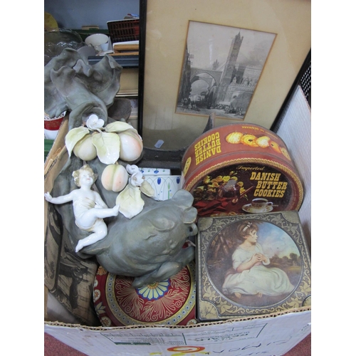 1136 - Engravings, prints, tins, publications, shoe last, late XIX Century vase (damages), etc:- One Box