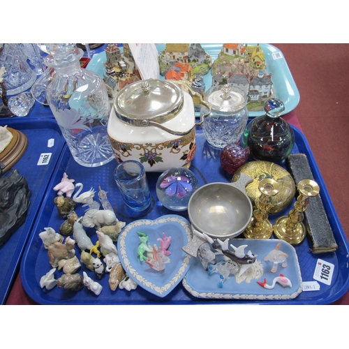 1163 - Paperweights, biscuit barrel, Wade whimsies, Wedgwood pin tray, glass decanter, etc:- One Tray.