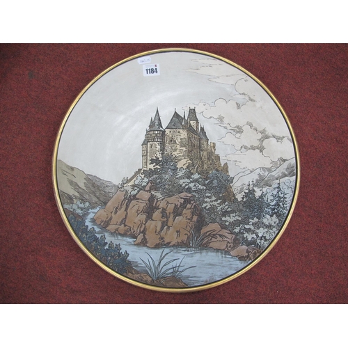 1184 - Meltlach Geschutz Pottery Charger, featuring castle upon rock scene within gilt border, numbered 110... 