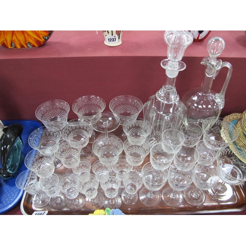 1197 - Edwardian Etched Stem Glasses, XIX Century decanters and stoppers:- One Tray