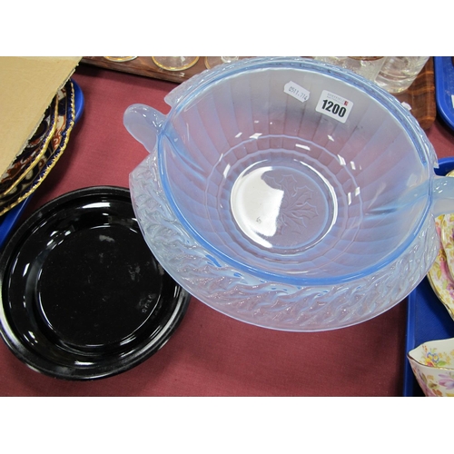 1200 - A Circa 1920's/30's Blue Glass Art Deco Fruit Bowl, on black glass stand.