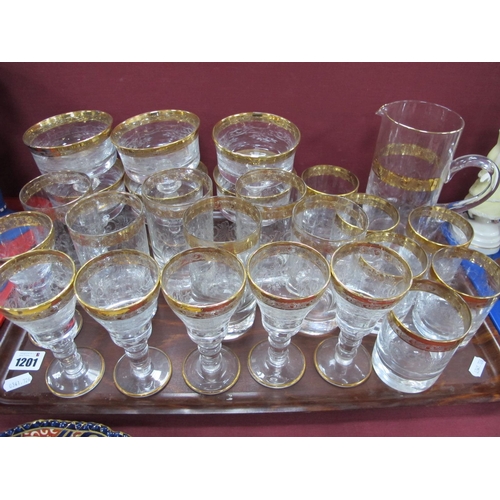 1201 - A Suite of Bohemian Gilt Rimmed and Engraved Glassware, including jug and six tumblers, six tall gla... 