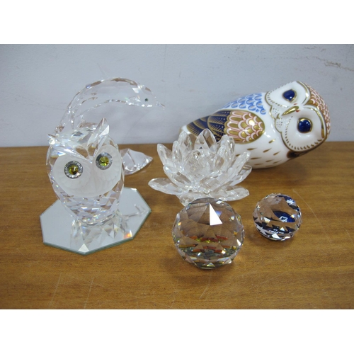 1207 - Swarovski Glass Figures, owl, dolphin, flower head, Royal Crown Derby paperweight of an owl.