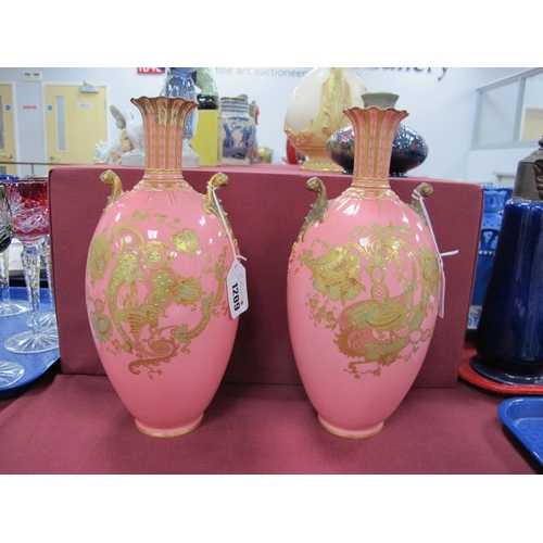 1209 - Royal Crown Derby Pair of Salmon Pink Porcelain Vases, of ovoid form, each with gilt handles, lute s... 