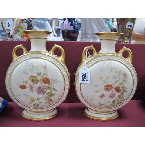 1224 - Royal Worcester, Pair of Moonflask Vases, each decorated with Chrysanthemums, on cream ground with g... 