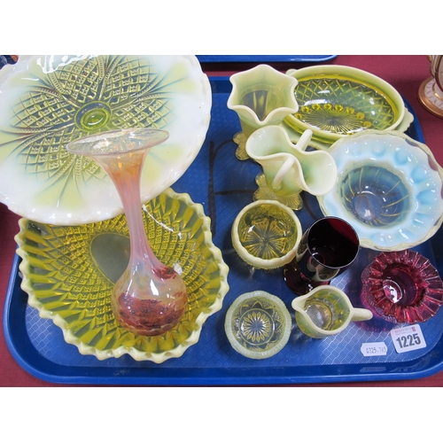 1225 - Late XIX Century Uranium Vaseline Tinted Glassware, cranberry frill posy, etc:- One Tray.