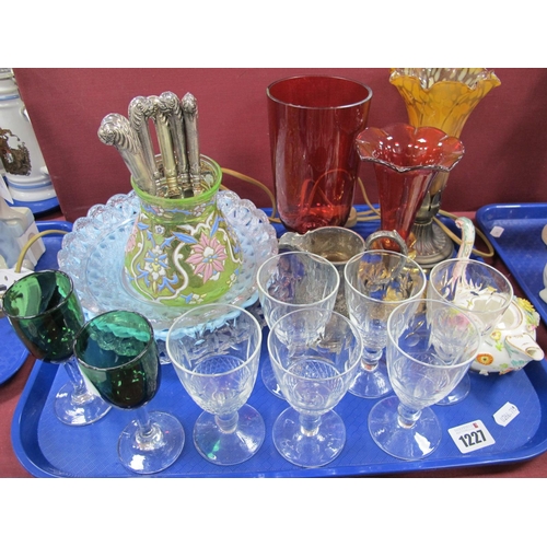 1227 - Cranberry Glass Epergne and Vase, overlaid green glass vase, basket weave plates, lamp, wines, etc:-... 