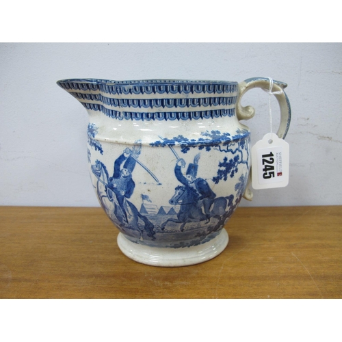 1245 - A XIX Century Blue and White Transfer Printed Pottery Jug, 1814 barrel shape style and cavalrymen in... 