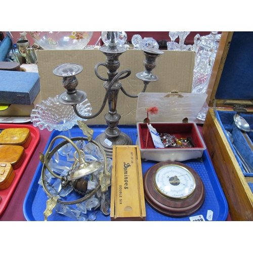 1288 - Ceiling Light, plated candelabra, barometer, dominoes, etc:- One Tray.