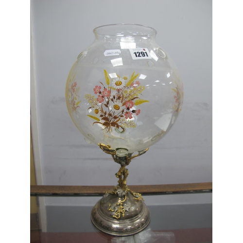 1291 - Globular Glass Bowl, on silvered and gilt metal naturalistic base, 38cm high.