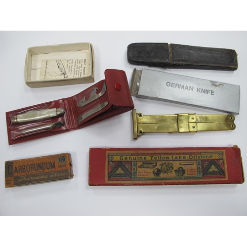 1310 - Oil Stone 20cm, one other 8.5cm, empty razor case, three piece pocket knife boxed and instructions, ... 