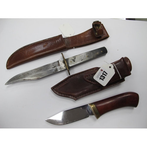 1317 - Bowie Knife, polished horn scales, brass guard (no name) 26cm long, in brown leather sheath, plus un... 