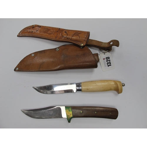 1320 - Skinning Knives, one in the Swedish style wooden handle in brown, leather embossed sheath 23cm long,... 