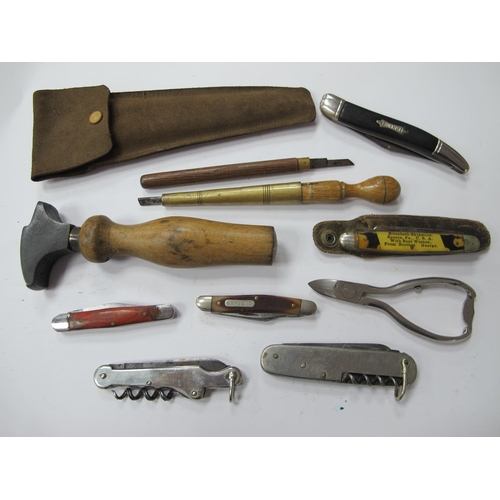 1329 - Cobblers Polishing Hammer 15cm Long, nail clippers, advertising knife (damages) in case, Champagne k... 