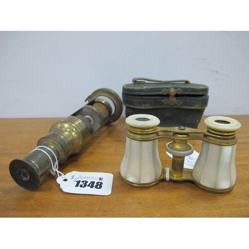 1348 - Early XX Century Mother of Pearl Opera Glasses, cased, brass microscope. (2).