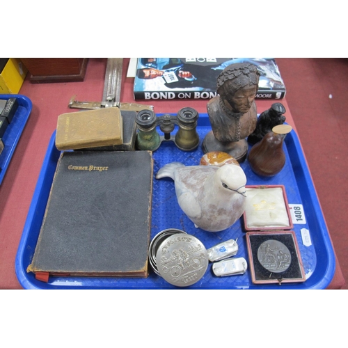 1408 - Cyclists Cup, photographic medal, terracotta bust, pottery pigeon, etc:- One Tray.