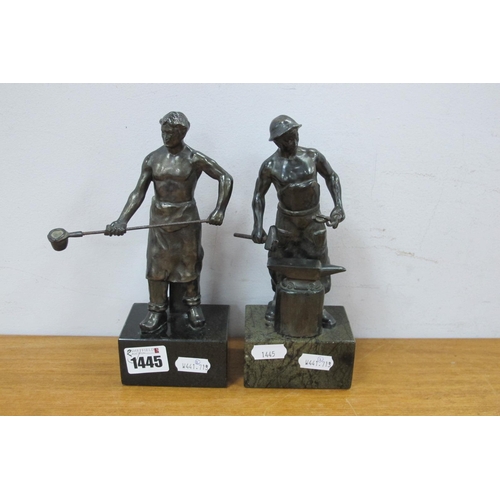 1445 - Two Spelter Steelworker Figures, on rectangular mineral bases, 19.5cm high overall.