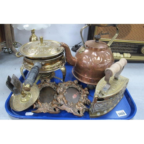 1460 - Two Coppered Free Standing Photo Frames and Kettle, brass iron, Vesta holder, etc:- One Tray