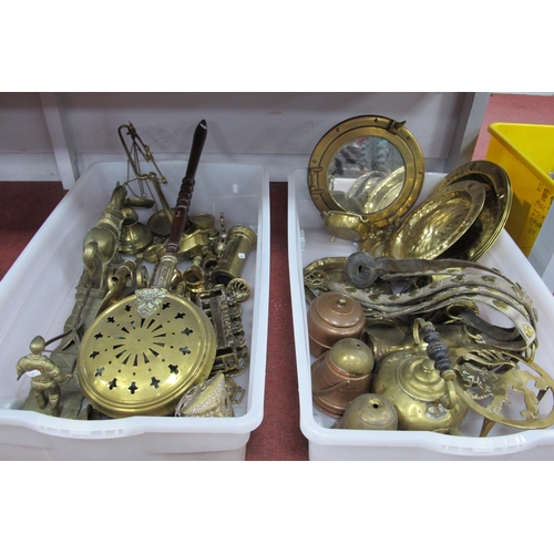 1473 - Brassware: to include porthole style mirror, kettle, ploughing figures, scales, tram, horse brasses:... 