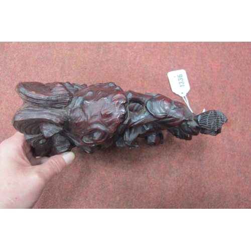 1336 - Oriental - Two Chinese Hardwood Carvings, each featuring four figures, on scroll base, 22cm high.(2)... 