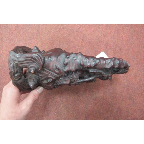 1336 - Oriental - Two Chinese Hardwood Carvings, each featuring four figures, on scroll base, 22cm high.(2)... 