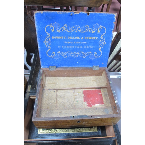 1493 - A Late XIX Century Brass Mounted Writing Slope, 30cm wide, Rowney Dillon & Rowney artists box, marqu... 