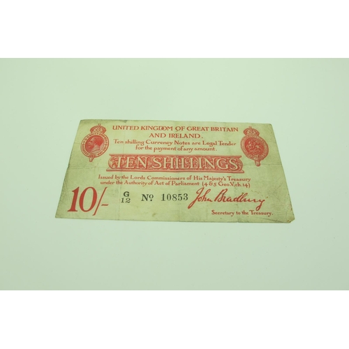 525 - 1915 GB Ten Shillings Treasury Banknote, John Bradbury G12 10853, fold marks and staining noted.