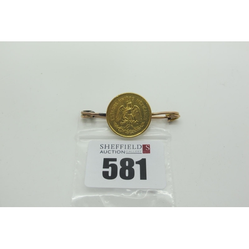 581 - 1906 Mexico Gold Five Pesos, soldered on a 9ct brooch fitting, total weight 5.8grams.