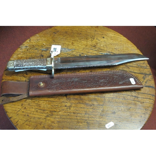 331 - Stan Shaw; A Bowie Knife, stag handle with nickel silver bolsters, crossguard and pommel, with some ... 