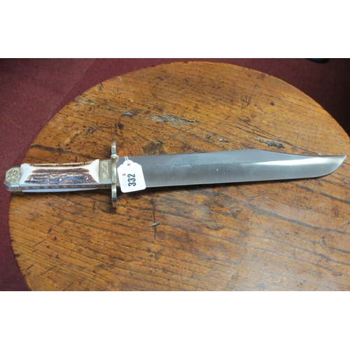 332 - Stan Shaw; A Stag Handled Bowie Knife, with brass crossguard and etched bolsters, workback to blade ... 