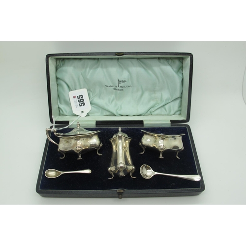 565 - A Hallmarked Silver Three Piece Cruet Set, in original Walker & Hall fitted case, with two associate... 