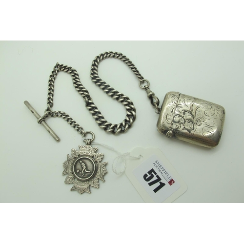 571 - A Graduated Curb Link Albert Chain, suspending T-bar, football interest medallion pendant (engraved ... 