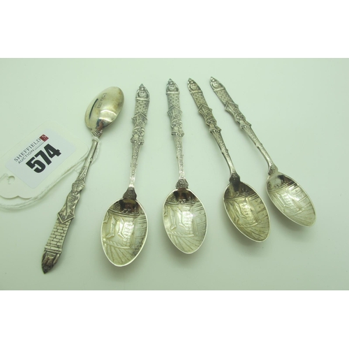 574 - An Unusual Decorative Matched Set of Five Hallmarked Silver Teaspoons, Lee & Wigfull, Sheffield 1934... 