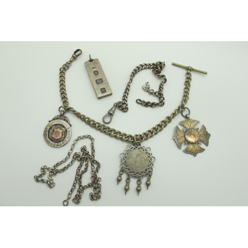 588 - A Hallmarked Silver Ingot Pendant, together with a curb link Albert chain, suspending hallmarked sil... 