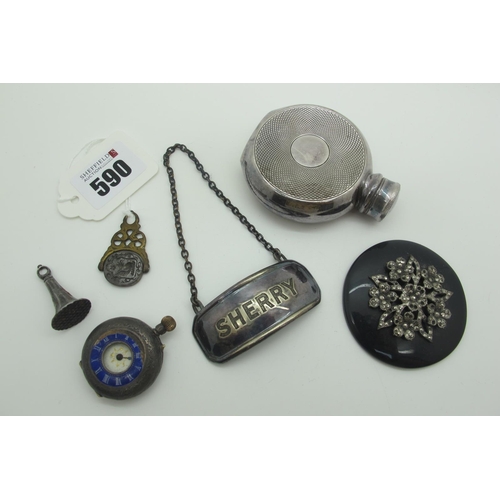 590 - Fob Watch, (damages / incomplete), a small 11/2oz plated hip flask, swivel seal fob pendant, 'Sherry... 