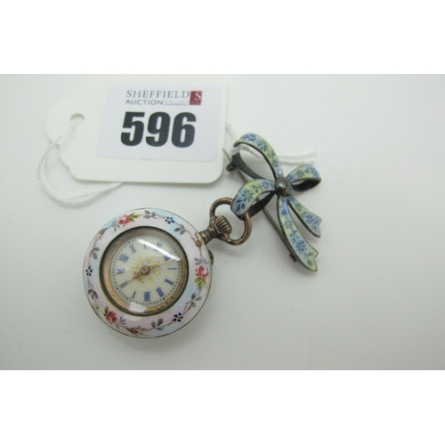 596 - A Highly Decorative Enamel Ladies Fob Watch, the gilt highlighted dial with blue Roman numerals, wit... 