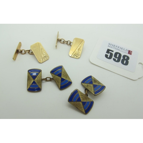 598 - A Pair of 9ct Gold Cufflinks, with part engraved decoration, on chain connections (3.2grams); togeth... 
