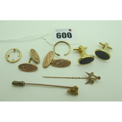 600 - Pair of 9ct Gold Cufflinks, the engraved oval panels on chain connections; together with a pair of m... 