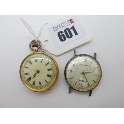 601 - A Ladies Fob Watch, the gilt highlighted dial with black Roman numerals, within foliate engraved cas... 