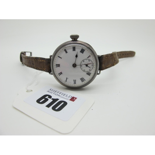 610 - A Hallmarked Silver Cased Trench Style Wristwatch, the white dial with black Roman numerals and seco... 