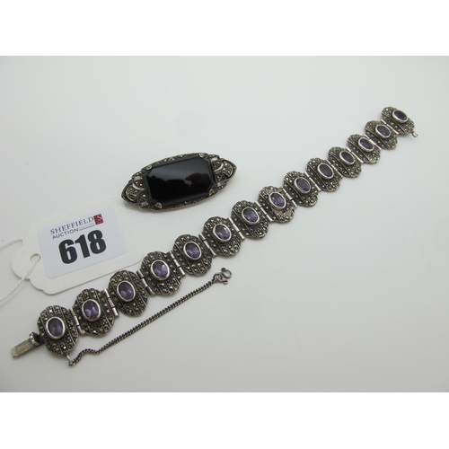 618 - An Art Deco Style Marcasite Set Panel Bracelet, with oval collet set highlights, to snap clasp (appr... 