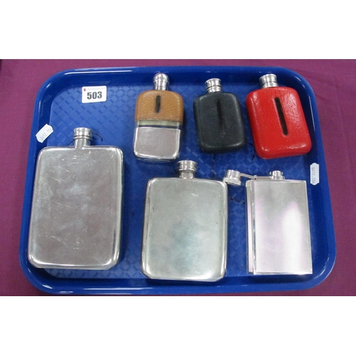 503 - A Collection of Six Hip Flasks, including James Dixon & Son EPBM 4oz hip flask, allover engine turne... 