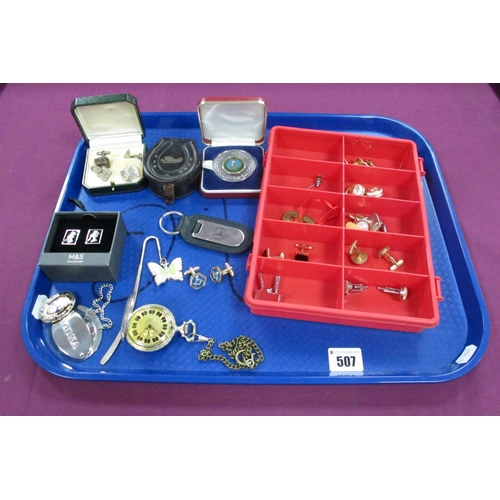 507 - Hallmarked Silver, 925 and Other Assorted Cufflinks, (including odd), a hunter style pocketwatch, Vo... 