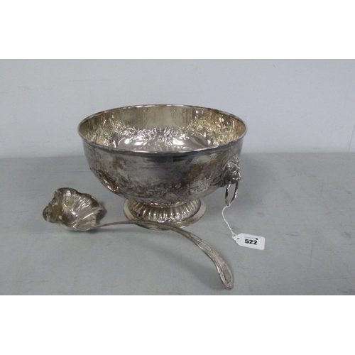 522 - A Silver on Copper Twin Handled Circular Punch Bowl, with chased decoration and lion mask and ring h... 