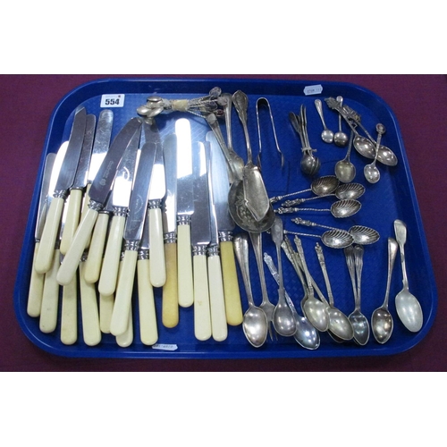 554 - Hallmarked Silver Teaspoons, plated cutlery, polished hardstone finial coffee spoons, knives etc :- ... 