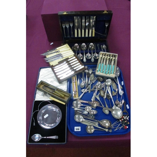 558 - A Mixed Lot of Assorted Plated Cutlery, including cased and loose, a plated preserve dish and spoon ... 