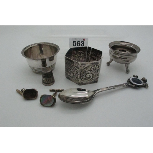 563 - A Hallmarked Silver Napkin Ring, allover foliate decorated and initialled; together with two plated ... 