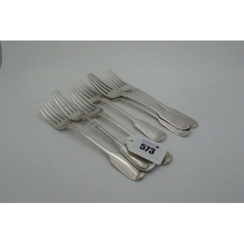 573 - Seven Hallmarked Silver Fiddle Pattern Forks, (various makers and dates) including fiddle and thread... 